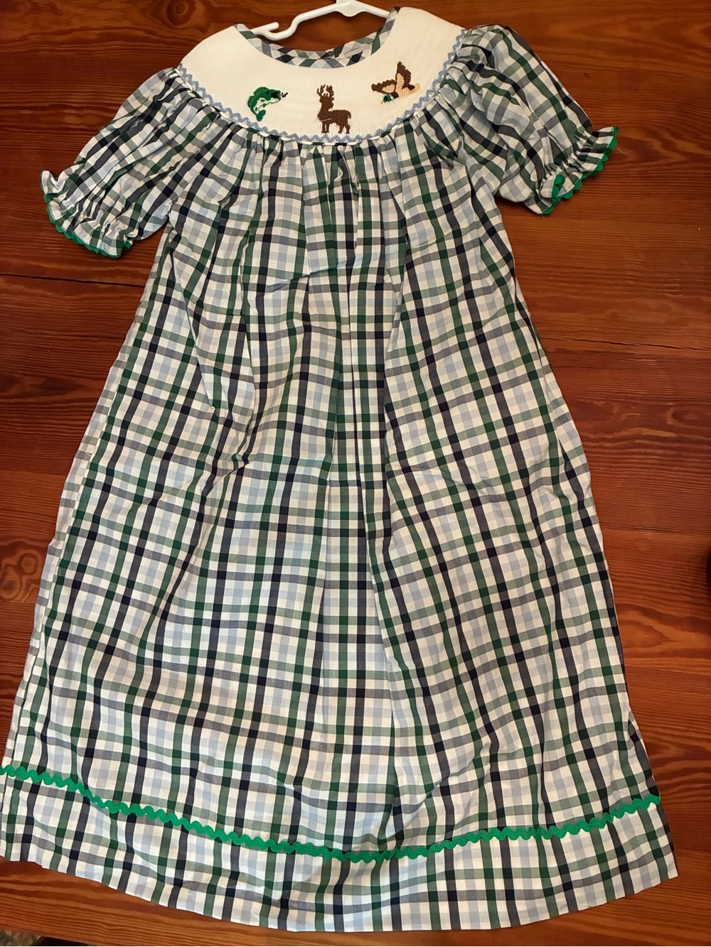 Green and Navy Plaid Smocked Kids Dress with Animal Embroidery